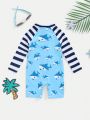 SHEIN Baby Boy Cute Ocean Shark Pattern Patchwork Striped One-Piece Swimwear For Holidays