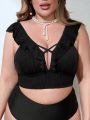 SHEIN Swim Chicsea Women's Plus Size Ruffled Trim And Hollow Out Design Bikini Top With V-Neckline