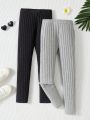 SHEIN Kids KDOMO Multiple Pieces Of Form-Fitting And Comfortable Plain Ribbed Knit Leggings With Great Stretchiness And Softness, For Tween Girls' Casual Wear