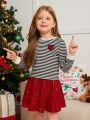 SHEIN Kids CHARMNG Young Girl Striped & Heart Print Tee & Sequin Skirt for Christmas