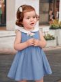 SHEIN Baby Girls' Casual Doll Collar Color Block Elastic Waist Pleated Dress