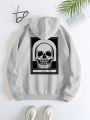 Skull Print Kangaroo Pocket Drawstring Thermal Hoodie