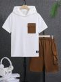 Teen Boy's Patchwork Hoodie With Pocket And Cargo Shorts Set