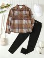 Teen Girls' Plaid Flip Pocket Shirt And Comfortable Casual Pants Two Piece Outfit