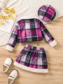 Toddler Girls' Fuzzy Decorated Plaid Jacket And Skirt Set For Autumn/winter