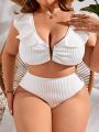 SHEIN Swim Vcay Plus Size Bikini Set With V-Shaped Metal Decoration, Ruffle Hem Detail