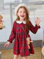 SHEIN Kids QTFun Young Girl Tartan Print Peter Pan Collar Flounce Sleeve Dress