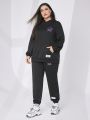 SHEIN Mulvari Plus Size Women'S Letter Print Hooded Sweatshirt And Sweatpants Two-Piece Set