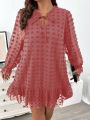 Plus Swiss Dot Tie Neck Flounce Sleeve Ruffle Hem Dress