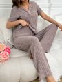 Notch V-Neck Top & Long Pants Home Wear Set With Ruffle Hem