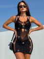 Ladies' Sexy Rhinestone Decor Hollow Out Mesh Lingerie Dress