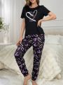 Irregular Heart Pattern Short Sleeve And Long Pants Home Suit