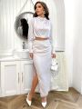 SHEIN Privé 2pcs/Set High Neck Long Sleeve Dress And High Slit Skirt