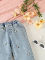 Girls' Butterfly & Flower Embroidery Frayed Hem Colored Denim Pants