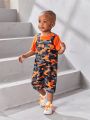 Baby Boys' Summer Orange Round Neck Top With Overall Shorts Set