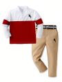 SHEIN Kids FANZEY Young Boy'S Horse Rider Printed Colorblock Short Sleeve Top And Pants Set