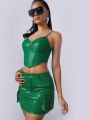 Mienne Bustier Crop PU Leather Cami Top & Flap Pocket Skirt