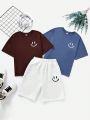 SHEIN Kids EVRYDAY 3pcs/set Tween Boys' Casual Face Printed Round Neck T-shirt (2 Colors Available) And Knitted Shorts Outfit