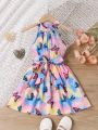 SHEIN Kids HYPEME Toddler Girls Tie Dye Butterfly Print Belted Halter Dress