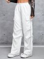 SHEIN PETITE Women's Drawstring Waist Flap Pocket Cargo Pants, Long