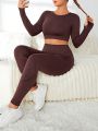 Yoga Basic Plus Size Solid Color Long-Sleeved Top And Trousers Sports Suit