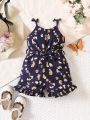 Baby Girl Floral Print Ruffle Hem Belted Cami Romper