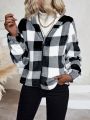 SHEIN LUNE Buffalo Plaid Print Drop Shoulder Hooded Flannel Jacket