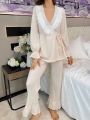 Women's Lace Splicing Lantern Sleeve & Bowknot Design Cute Pajama Set