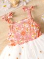 Baby Girl Floral Print Mesh Overlay Cami Dress