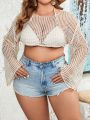 SHEIN Swim BohoFeel Plus Size 1pc Knitted Super Short Perspective Cover Up Top With Hollow Out Pattern