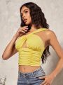 SHEIN BAE Romantic Valentine's Day Dating One Shoulder Hollow Out Pleated Pale Yellow Women Top