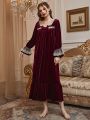 Floral Embroidery Mesh Panel Flounce Sleeve Bow Ruffle Hem Velvet Nightdress