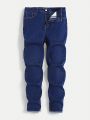 SHEIN Teen Boy's Casual Slim Fit Stretchy Skinny Jeans Trousers, Dark Blue, Spring And Summer