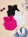 SHEIN Kids EVRYDAY Tween Girls' Knitted Solid Color Square Neck Cami Top Set Of 3