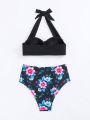 SHEIN Swim Vcay Floral Print Bikini Swimsuit Set With Pleated Detail