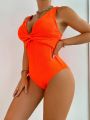 SHEIN DD+ Women's Solid Color Twist One Piece Swimsuit