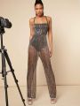 Mienne Lace Up Backless Sequin Flare Leg Mesh Cami Jumpsuit