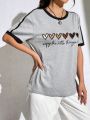 Heart & Slogan Graphic Contrast Binding Tee