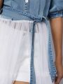 Katalyst Kouture Puff Sleeve Belted Mesh Hem Denim Dress