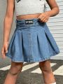 SHEIN Girls Regular Mid-waist Cute Style Denim Pleated Skirt