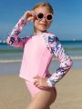 Tween Girl Tropical Print Rashguard Swimsuit With Bikini Bottoms And Shorts