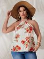 SHEIN VCAY Plus Size Flower Pattern Halter Neck Blouse