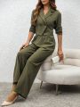 SHEIN Privé Women's Double-breasted Blazer And Pants Suit