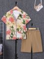 SHEIN Kids SUNSHNE Boys' Casual Comfortable Floral Print Button-Down Shirt And Solid Color Shorts Set