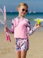 Tween Girl Tropical Print Rashguard Swimsuit With Bikini Bottoms And Shorts