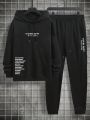 Extended Sizes Men Plus Slogan Graphic Drawstring Hoodie & Sweatpants