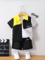 SHEIN 2pcs/set Toddler Boys' Short Sleeve Patchwork Simple English Letter Shirt And Shorts Summer Outfits