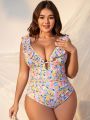 SHEIN Swim Mod Plus Size One-piece Swimsuit With Flower Print And Ruffle Trim