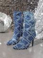 Styleloop Plaid Lined Denim Mid-heel Mid-calf Boots, A Fashionable And Trendy Option