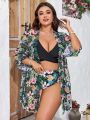 SHEIN Swim Vcay Plus Size Women'S Pineapple & Floral Print Three-Piece Swimsuit With Separated Top, Shorts And Skirt